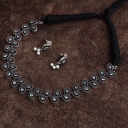 VENI Silver Toned And Black Silver Plated White Stone Studded Oxidized Jewellery Set-2