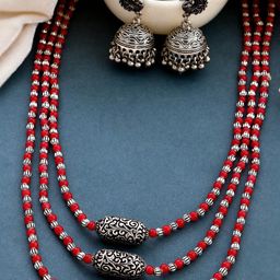 Ozanoo Oxidised Silver Plated Long Triple Layer Beaded Mala Jewellery Set-image-1