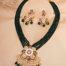 Yellow Chimes Gold-Plated Green & White Kundan Studded & Beaded Jewellery Set-image-39
