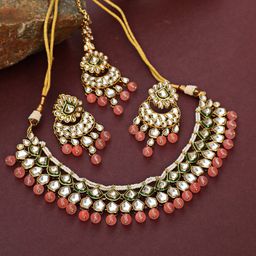 Jazz and Sizzle Women Gold-Plated Pink & White Stone Studded & Beaded Jewellery Set-16