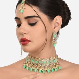 Zaveri Pearls Gold-Plated & Green Stones & Beads Studded Choker Jewellery Set-39
