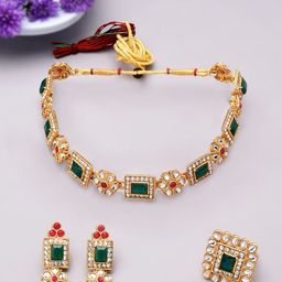 Zaveri Pearls Gold-Plated Green & Pink Kundan-Studded Temple Jewellery Set-47