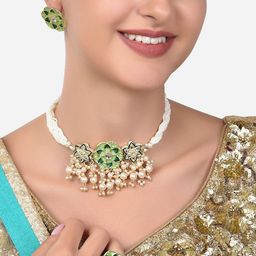 Zaveri Pearls Gold-Plated  Green Kundan Studded Pearl Beaded Jewellery Set-image-7