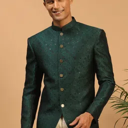 VASTRAMAY Men Green Self Design Bandhgala Ethnic Blazer-image-89