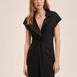 MANGO Women Black Solid Shirt collar Wrap Dress-image-58