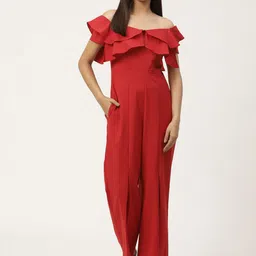 WoowZerz Women Red Slim Fit Off-Shoulder Layered Solid Basic Jumpsuit-image-34