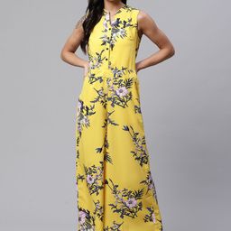 Deewa Women Yellow & Blue Floral Print Basic Jumpsuit-6