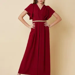 RAASSIO Women Burgundy Solid V-Neck Basic Jumpsuit with Belt-picture-53