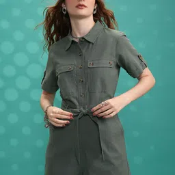 Tokyo Talkies Green Waist Tie-Up Cotton Playsuit-picture-32