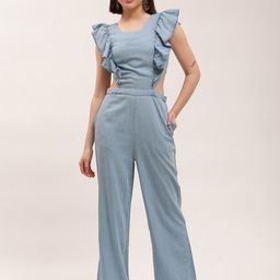 ELLE Blue Pure Cotton Basic Bootcut Jumpsuit-31