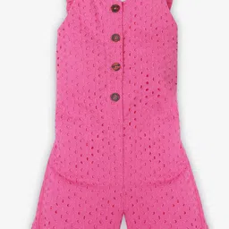 Ed-a-Mamma Girls Self Design Sleeveless Schiffli & Ruffles Detail Cotton Basic Jumpsuit-14