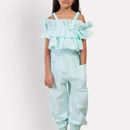 Growing Tree Girls Mint Green Off-Shoulder Striped Cotton Basic Jumpsuit with Ruffles-image-68
