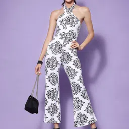 KASSUALLY Off White & Black Halter Neck Printed Basic Jumpsuit-4