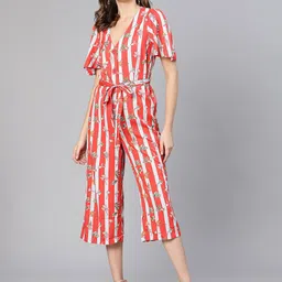 Oxolloxo Floral Printed & Striped V-Neck Culottes Jumpsuit-picture-50