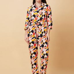 Globus Beige Printed Shirt Collar Waist Tie-Up Basic Jumpsuit-picture-53