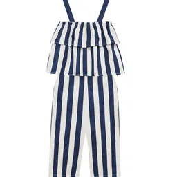 A T U N Girls Navy Blue & White Striped Basic Jumpsuit-56