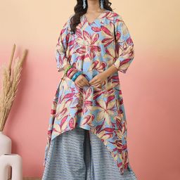 Sangria Printed Cotton V-Neck Kurta With Palazzos-picture-38