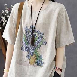 StyleCast Floral Print Mandarin Collar Kimono Sleeve Cotton Kaftan Top-picture-49