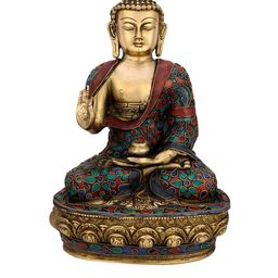 CraftVatika Gold-Toned & Red Blessing Buddha Idol With Sacred Kalash Showpiece-image-87