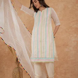 KALINI Striped Round Neck Gotta Patti Chanderi Cotton Kurti with Salwar & Dupatta-picture-39