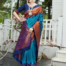 Anouk Turquoise Blue Ethnic Motifs Woven Design Zari Art Silk Kanjeevaram Saree-picture-42
