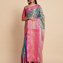 MIMOSA Turquoise Blue & Pink Floral Zari Art Silk Kanjeevaram Saree-image-97