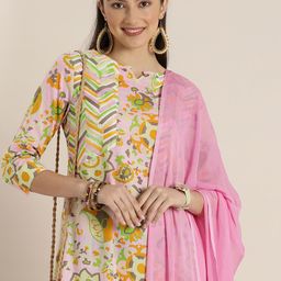 Sangria Women Pink & Yellow Ethnic Motifs Printed Cotton Kurta with Trousers & Dupatta-14