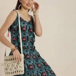 Sangria Women Blue & Pink Printed Pure Cotton Kurta with Dhoti Pants-image-53