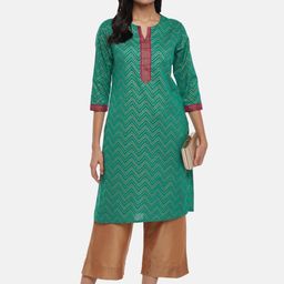 RANGMANCH BY PANTALOONS Women Olive Green Geometric Printed Keyhole Neck Kurta-picture-29