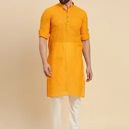 RAJUBHAI HARGOVINDAS Mandarin Collar Roll-Up Sleeves Khadi Weave Cotton Straight Kurta-image-4