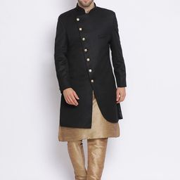 Hangup Men Black & Gold Coloured Solid Sherwani Set-image-81