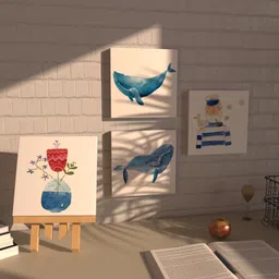Art Street Set Of 4 White & Blue Printed Canvas Wall Art With 1 Stand-40