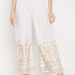 Miaz Lifestyle Women White & Gold-Toned Ethnic Motifs Printed Knitted Palazzos-picture-1
