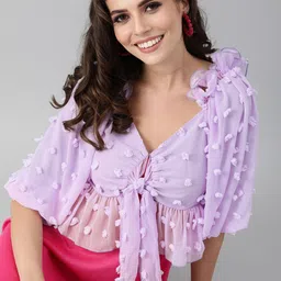 Kassually Lavender Self Design Sweetheart Neck Empire Front Knot Crop Top-image-27