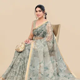 MIRCHI FASHION Green & White Floral Printed Zari Saree-13