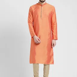 KISAH Men Coral & Beige Solid Kurta with Churidar-image-65