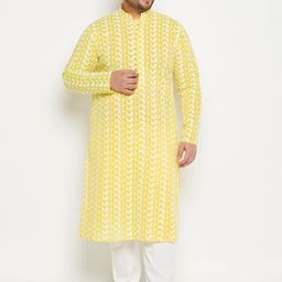 VASTRAMAY Men Plus Size Paisley Embroidered Chikankari Pure Cotton Kurta with Pyjamas-picture-30
