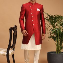 VASTRAMAY Men Maroon Solid Sherwani Set-image-34