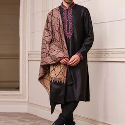 Tasva Men Black Yoke Design Thread Work Kurta with Churidar & With Dupatta-10