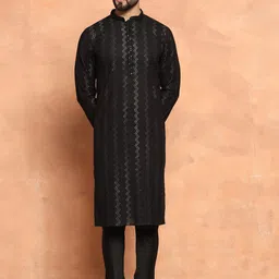 KISAH Chevron Embroidered Straight Pure Cotton Kurta with Churidar-image-8