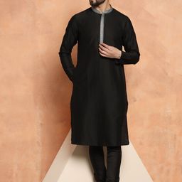 KISAH Men Mandarin Collar Thread Work Kurta with Churidar Set-37