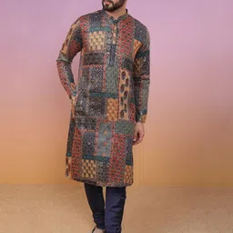 KISAH Men Ethnic Motif Printed Mandarin Collar Straight Kurta With Churidar Set-58