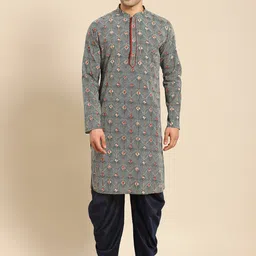 Amodh by Kisah Men Navy Blue Ethnic Motifs Printed Kurta with Dhoti Pants-image-99