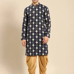 Amodh by Kisah Men Blue Ethnic Motifs Printed Kurta with Dhoti Pants-image-51
