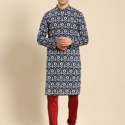 Amodh by Kisah Men Blue Ethnic Motifs Printed Kurta with Churidar-image-91