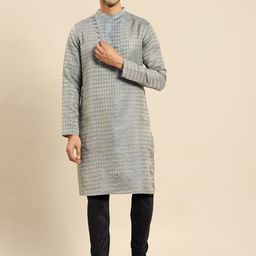 Amodh by Kisah Men Grey Printed Kurta Set with Trousers-70