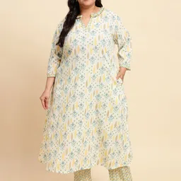 Sringam Plus Size Floral Printed Mandarin Collar Regular Pure Cotton Kurta & Trousers-17