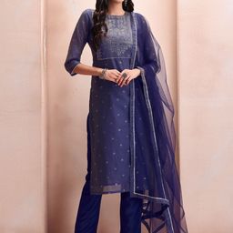 Inddus Blue Floral Embroidered Mukaish Chanderi Cotton Kurta With Trousers & Dupatta-image-33