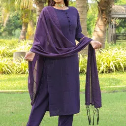 Tikhi Imli Purple Embroidered Regular Straight Kurta with Trousers & Dupatta-35