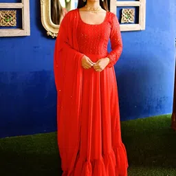 Thread & Button Women Red Embroidered Sequinned Anarkali Kurta &Trousers & With Dupatta-picture-0